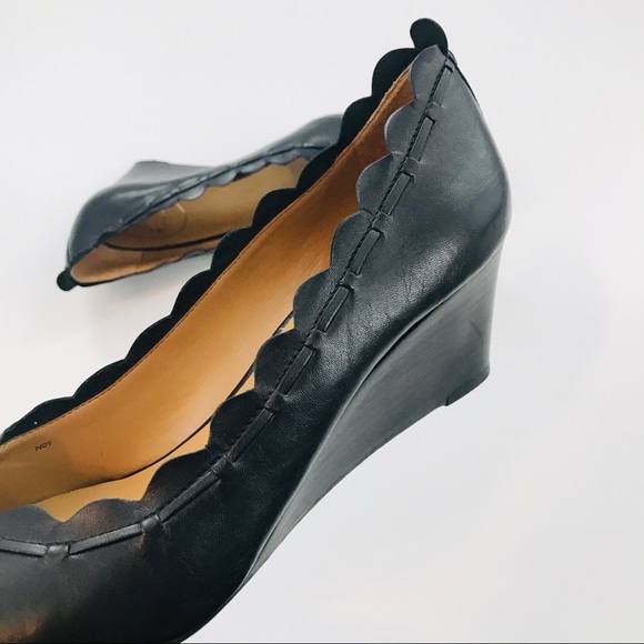 Jack Rogers Thea Soft Black Leather Scalloped Trim Round Toe Wedges - Picture 5 of 9